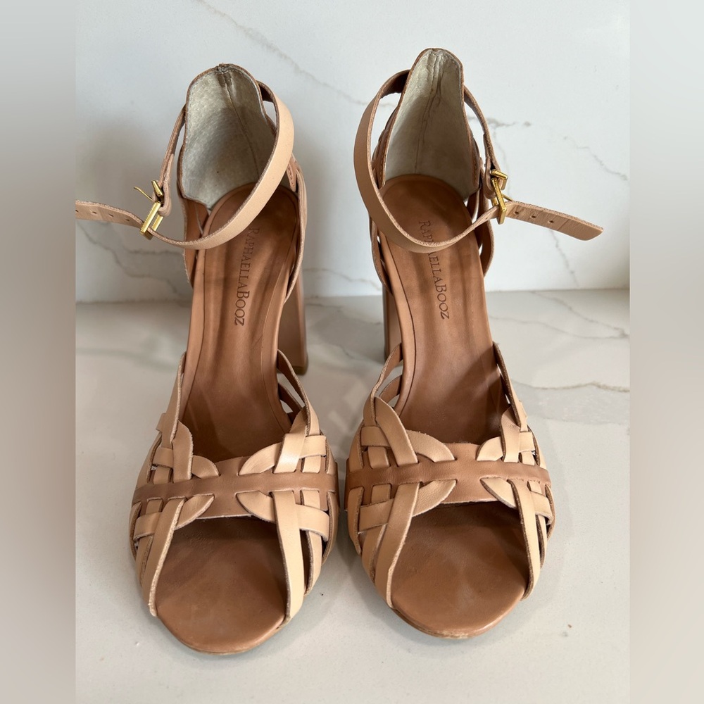 Raphaella Booz Tan Leather Woven Strappy Heel Size 9